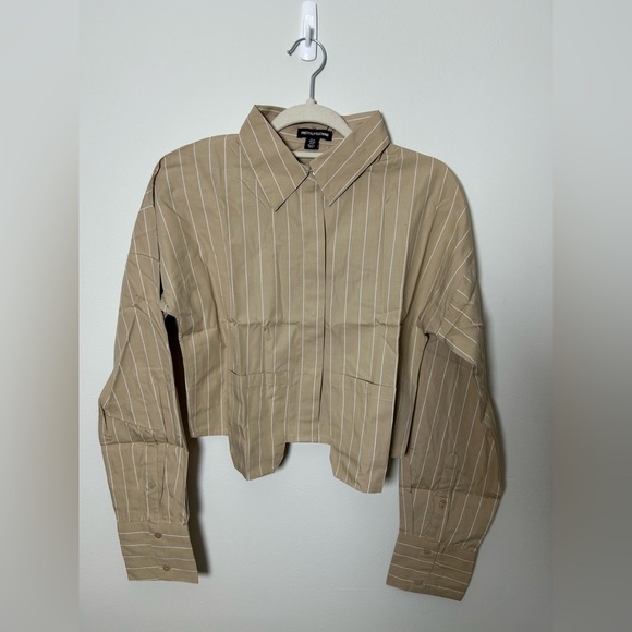 PrettyLittleThing Tops - PrettyLittleThing Stone Poplin Pinstripe Pocket Detail Cropped Shirt